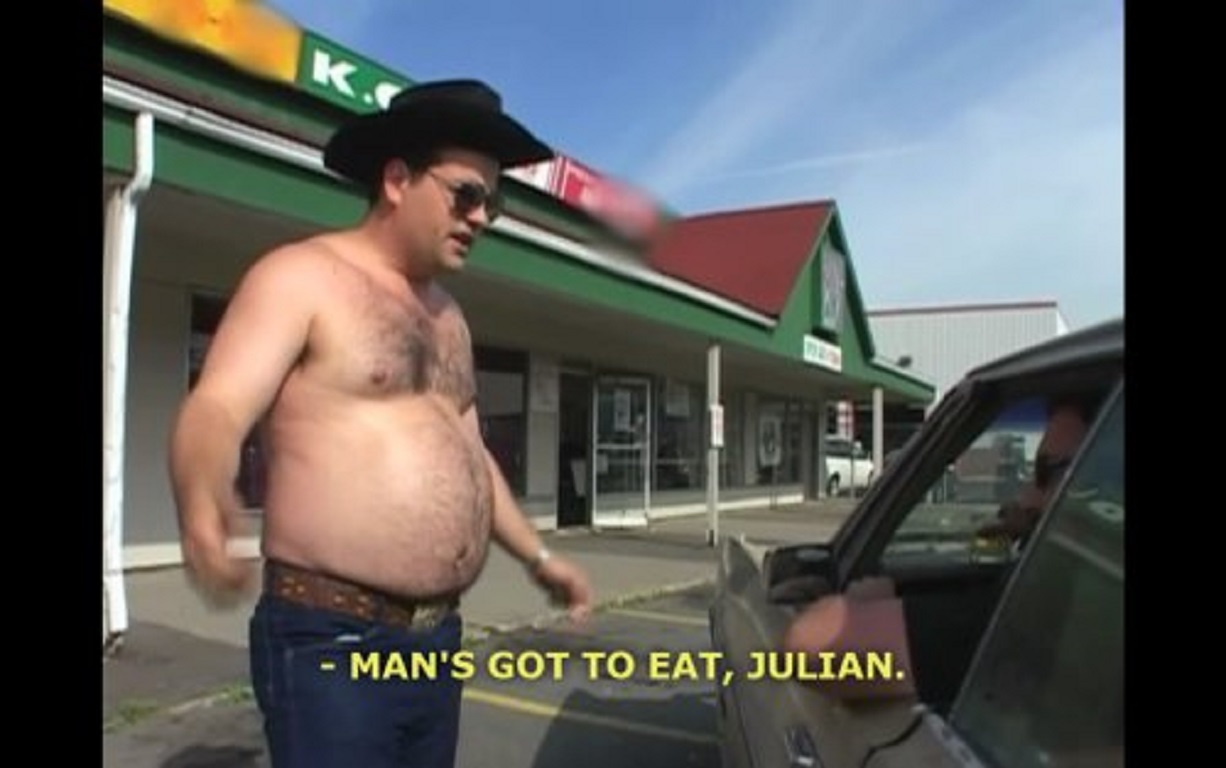 An image of Randy from the show The Trailer Park Boys saying "Man's Got to Eat, Julian."